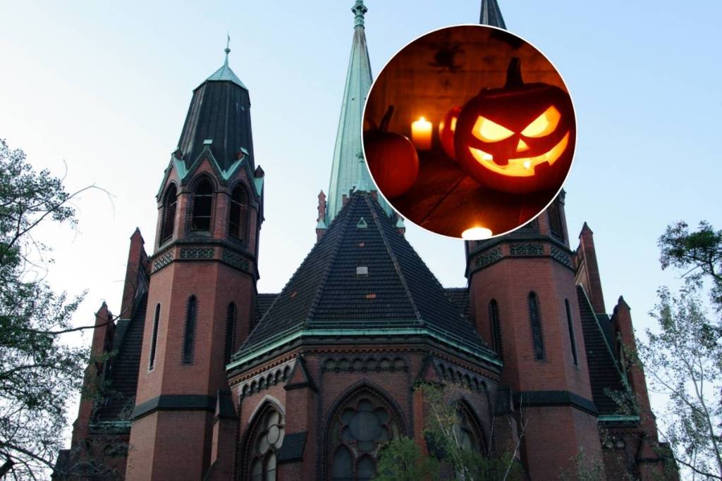(Collage) Apostel-Paulus-Kirche in Berlin Schöneberg von der Südseite / Halloween-Kürbisse mit leuchtenden Kerzen