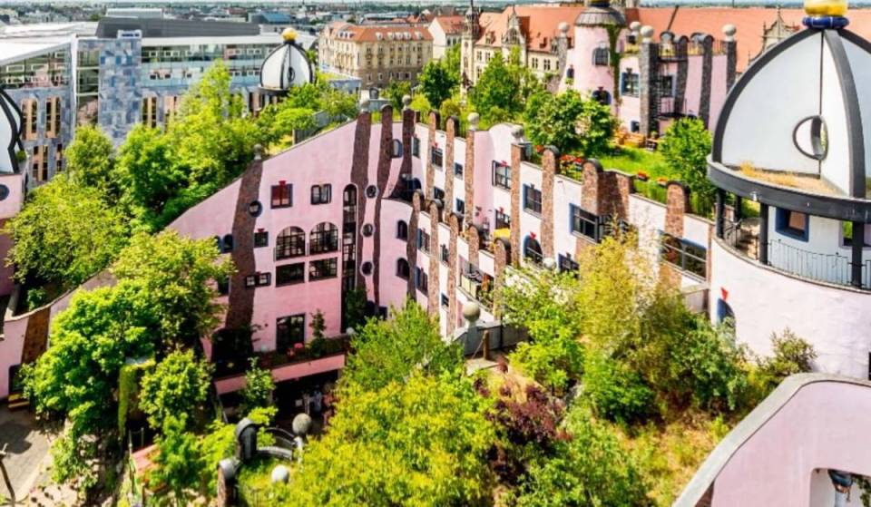 About 1.5 hours from Berlin stands Hundertwasser’s “most beautiful and best building,” featuring 856 windows and surrounded by 171 trees—his last completed project