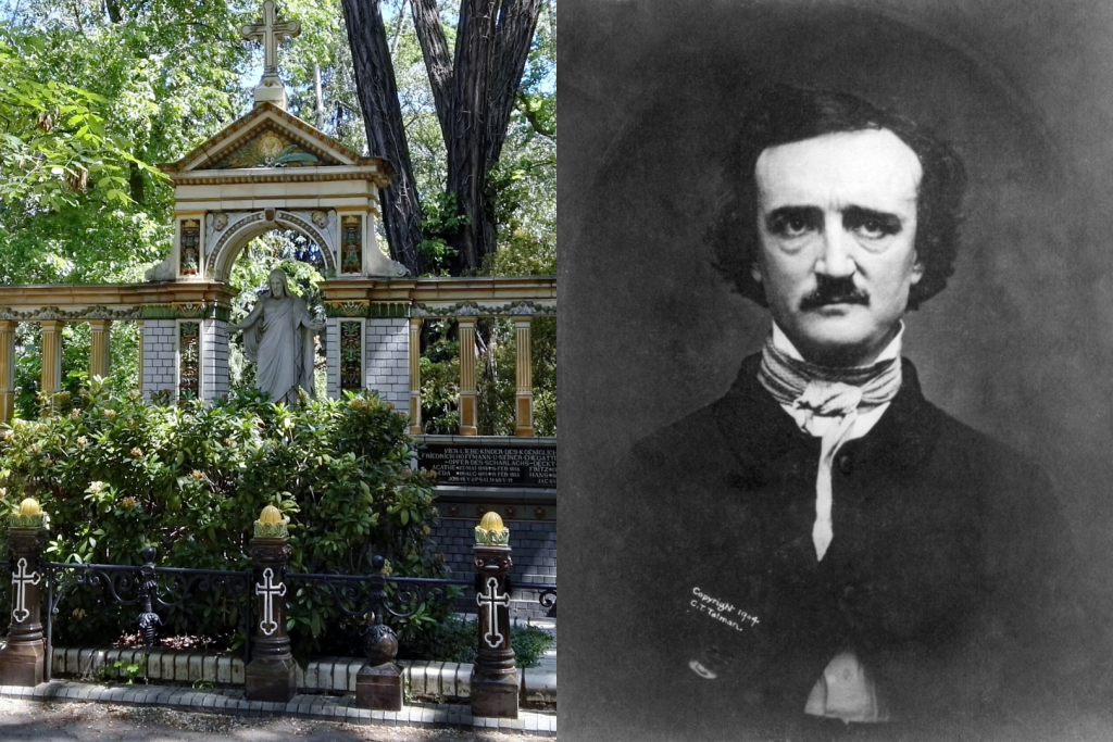 Links: Gesamtansicht der Grabstätte von Friedrich Eduard Hoffmann auf dem Dorotheenstädtischen Friedhof in Berlin | Rechts: Portrait von Edgar Allan Poe