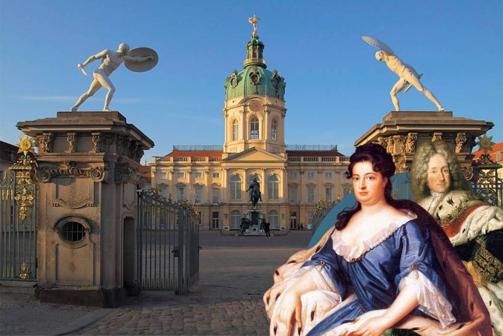 Sophie Charlotte von Hannover und König Friedrich I. vor der modernen Charlottenburg.