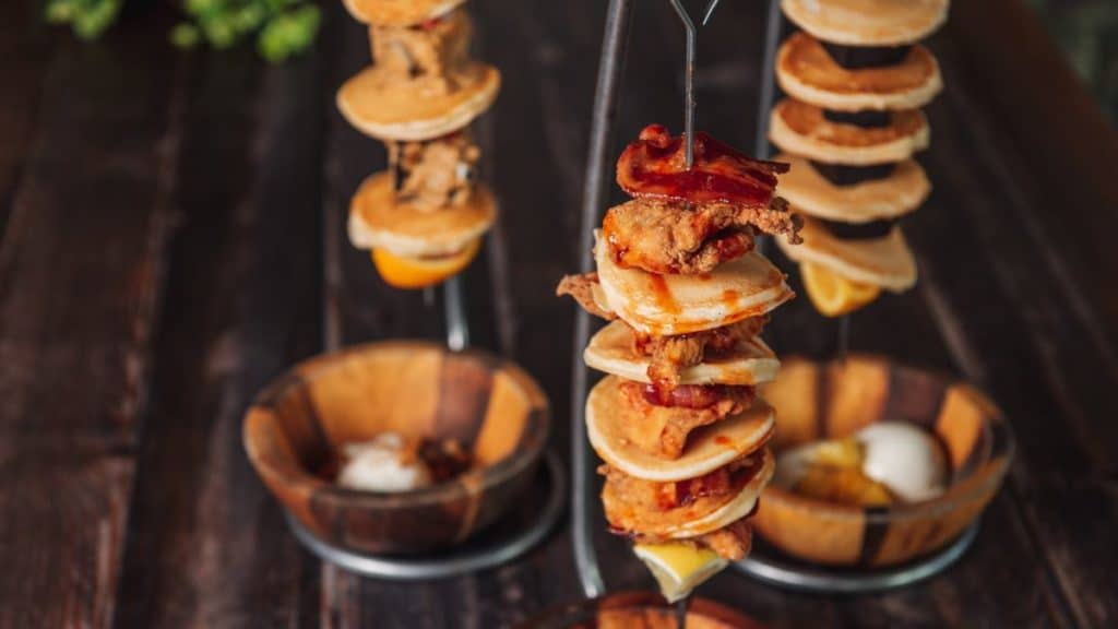 Three hanging pancake kebabs for pancake day at The Botanist