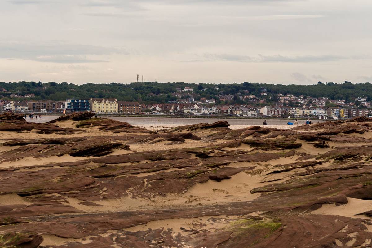 View of West Kirby from the walk across to Hilbre Island, West Kirby, Merseyside, UK