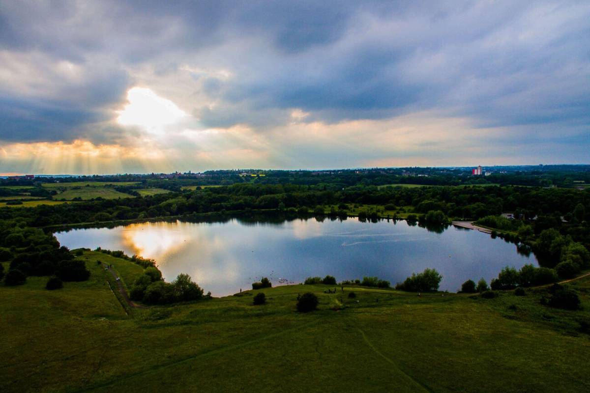 Aerial view of Swan Pool at Sandwell Valley Country Park