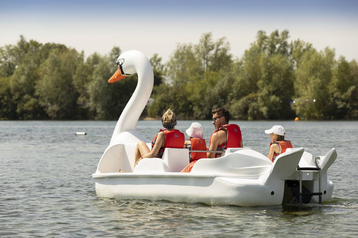 A family on a swan pedalo