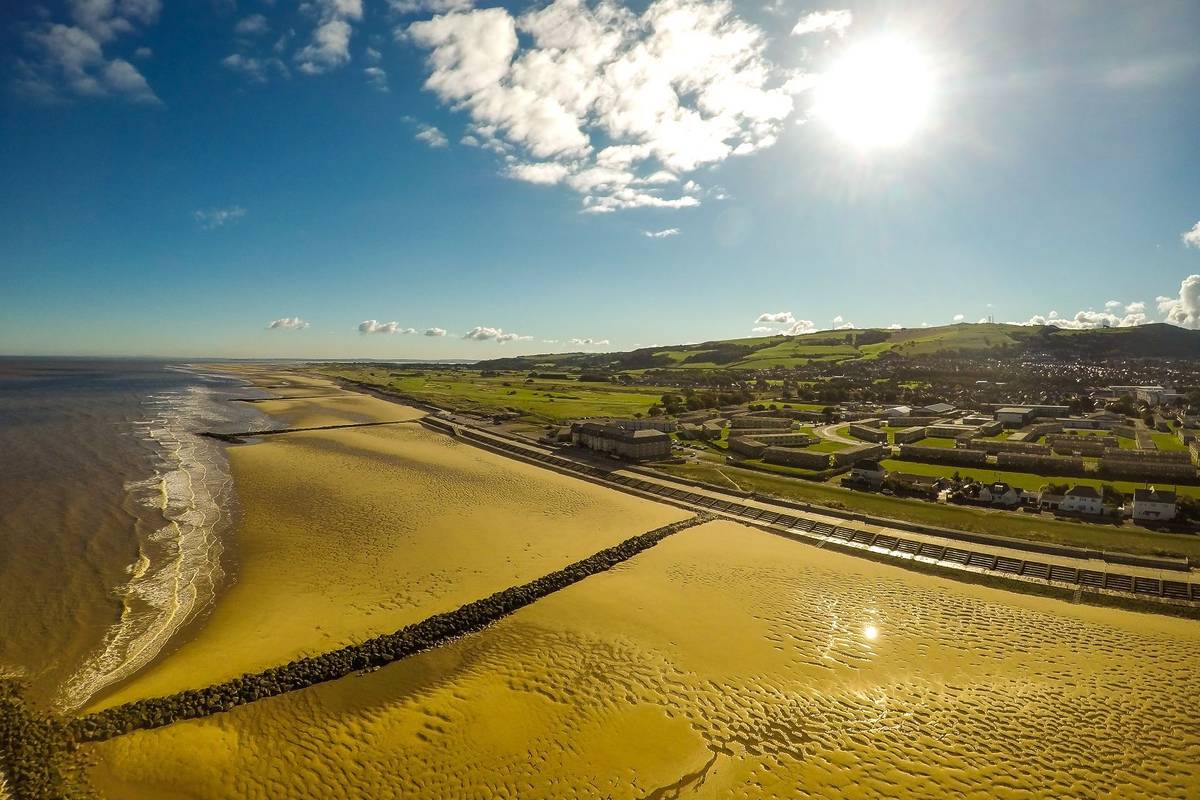 Aerial view, photography of the famous Welsh holiday destination Prestatyn near Rhyl and Southport, Glorious beaches and safe family holidays by the seaside in Wales