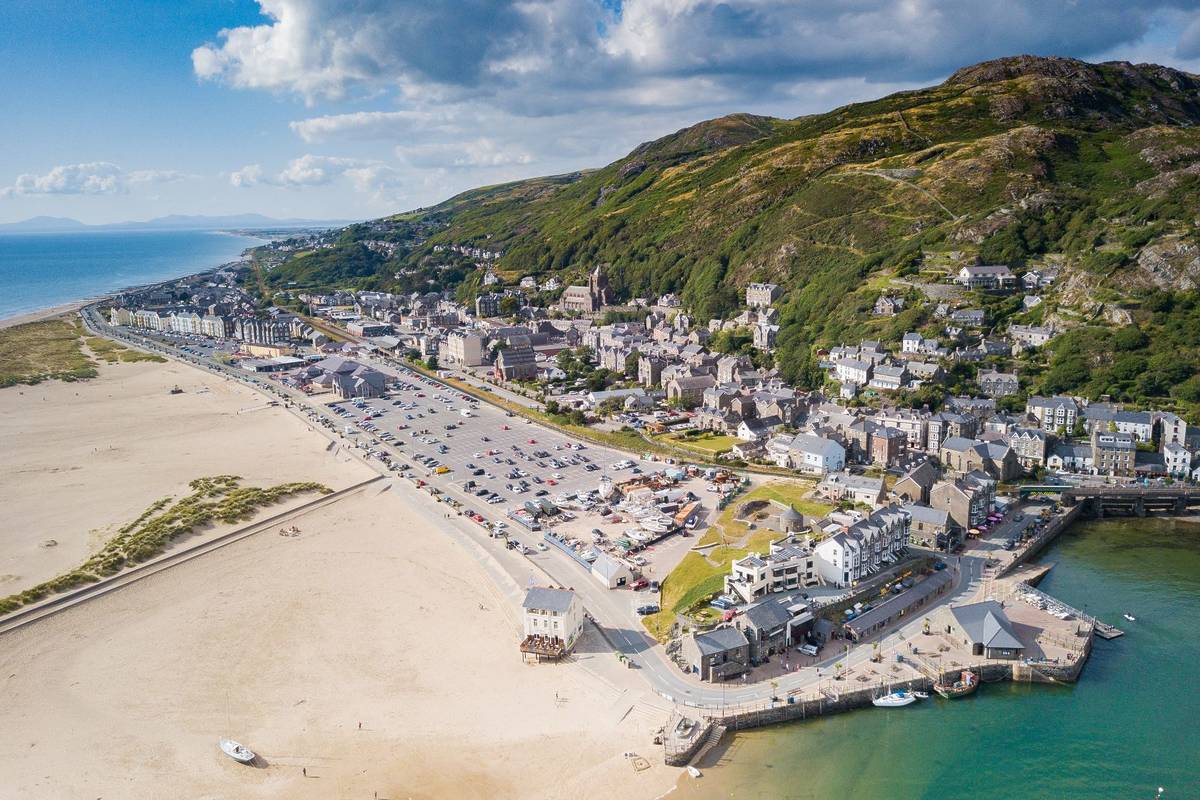 Aerial view of Barmouth and Afon Mawddach Estuary, Wales, UK