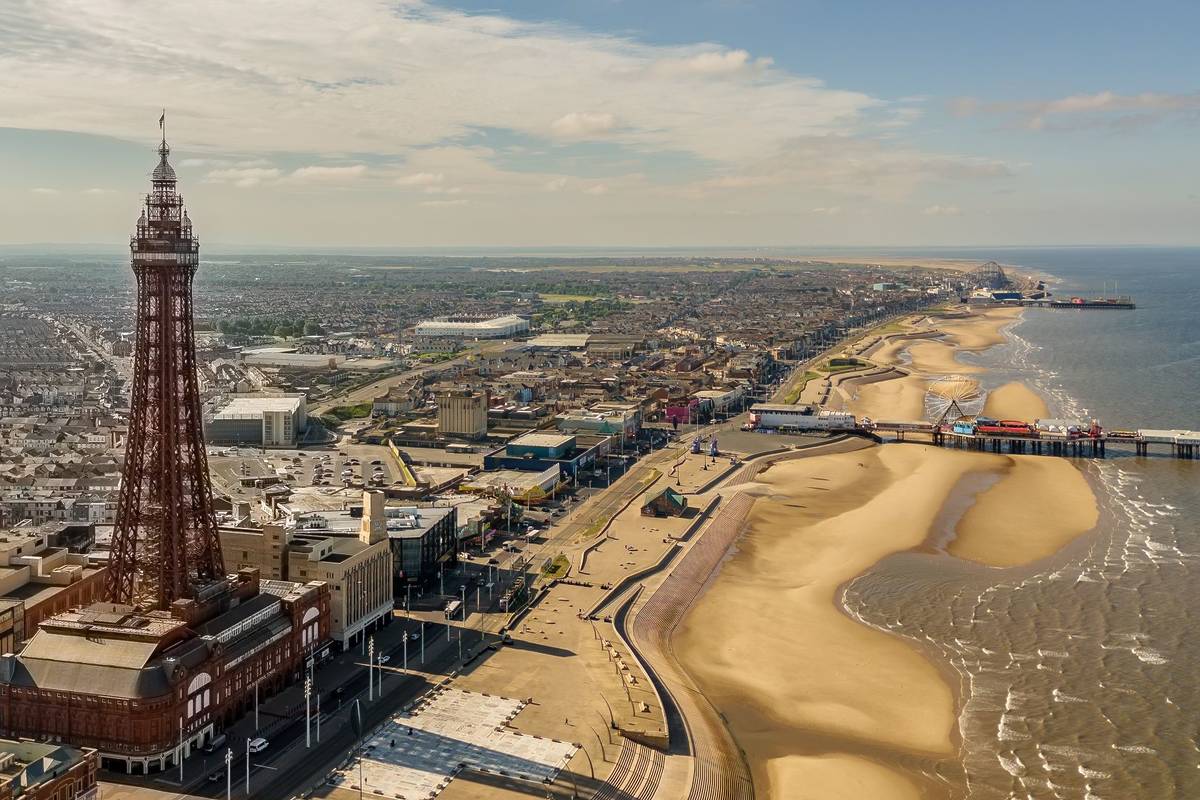 Blackpool Tower and Seafront from Drone at Daytime in summer