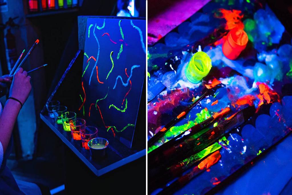 A collage of two images both showing neon paints on a canvas at Neon Brush