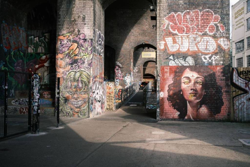 View of the Digbeth district in Birmingham, a former industrial area converted into an arts and leisure area known as the Custard Factory in Birmingham August 18, 2024 United Kingdom