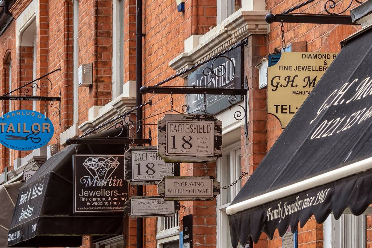Signs for Jewellery shops in Vyse Street in the Jewellery Quarter