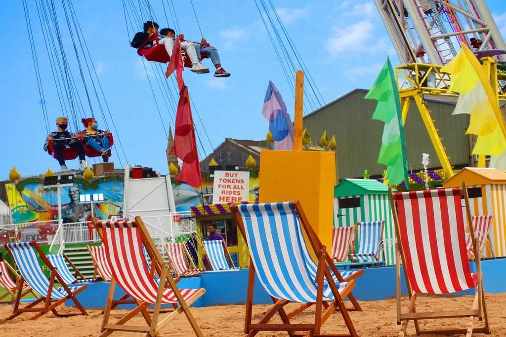 Deckchairs and funfair rides at Birmingham Beach