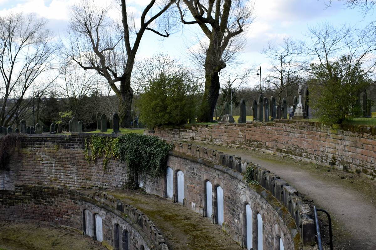Warstone Lane Cemetery 14.04.2017 also called Brookfields, Church of England, or Mint Cemetery, is a cemetery dating from 1847 in Birmingham, England