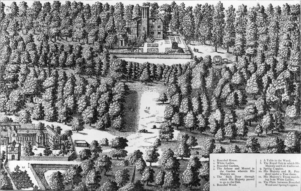 1651, Boscobel House in Shropshire, where King Charles II took refuge after his defeat at the hands of Oliver Cromwell at the Battle of Worcester. It was here that he hid in the oak tree in order to view Cromwell's army. (Photo by Hulton Archive/Getty Images)