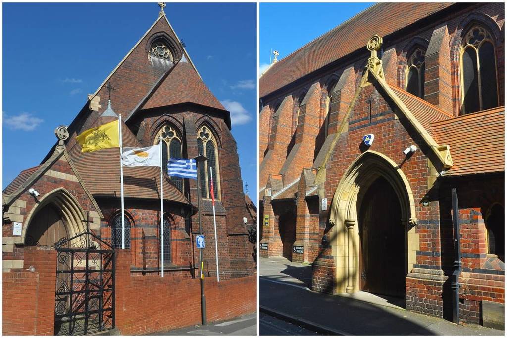 Two shots of the Greek Orthodox Cathedral depicting its façade and main entrance