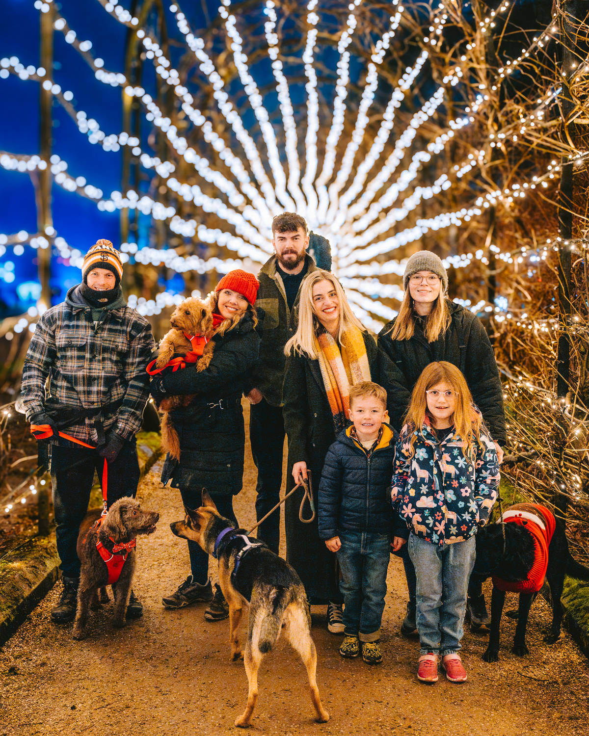 A family in a tunnel of Christmas lights