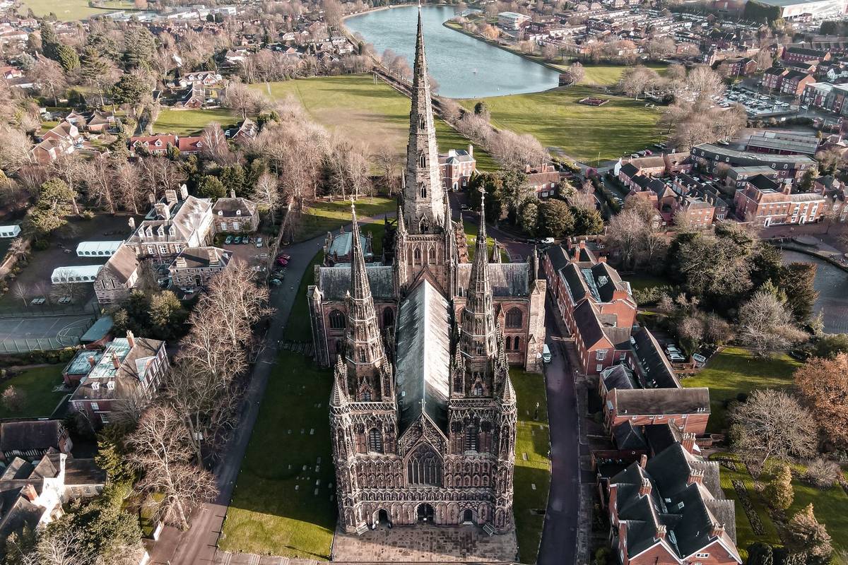 Lichfield Cathedral from above drone view