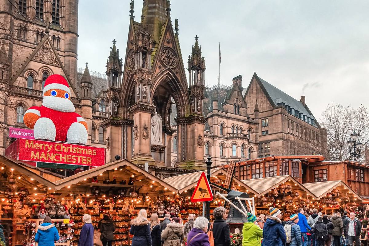 Christmas markets in front of Town Hall, Albert square.