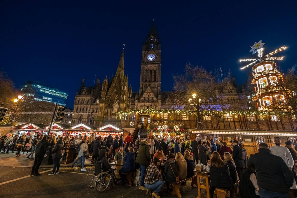 Christmas Markets in Albert Square near the Town Hall of Manchester in the nortwest of England