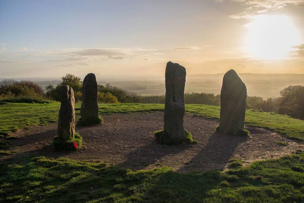 The four stones at the top of Clent Hills at sunset
