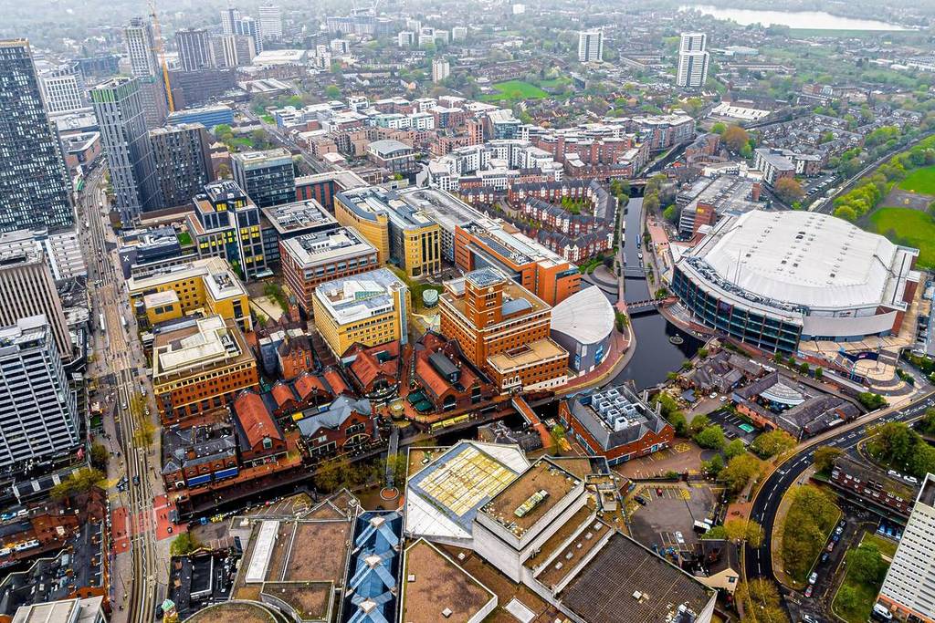 Aerial view of Birmingham, a major city in England’s West Midlands region, with multiple Industrial Revolution-era landmarks, UK