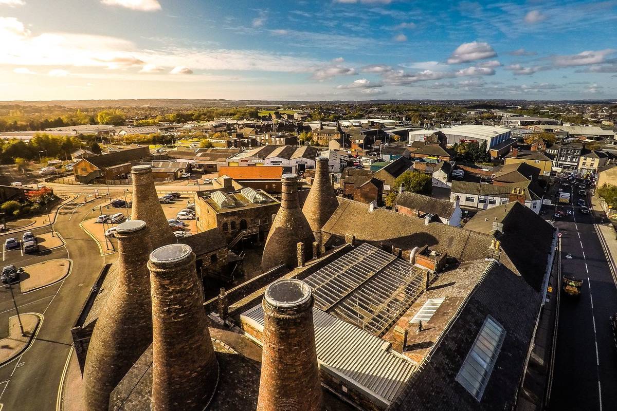Longton, Stoke on Trent, Staffordshire - 5th November 2018 - Aerial view of the famous bottle kilns at Gladstone Pottery Museum in Stoke on Trent, Pottery manufacturing