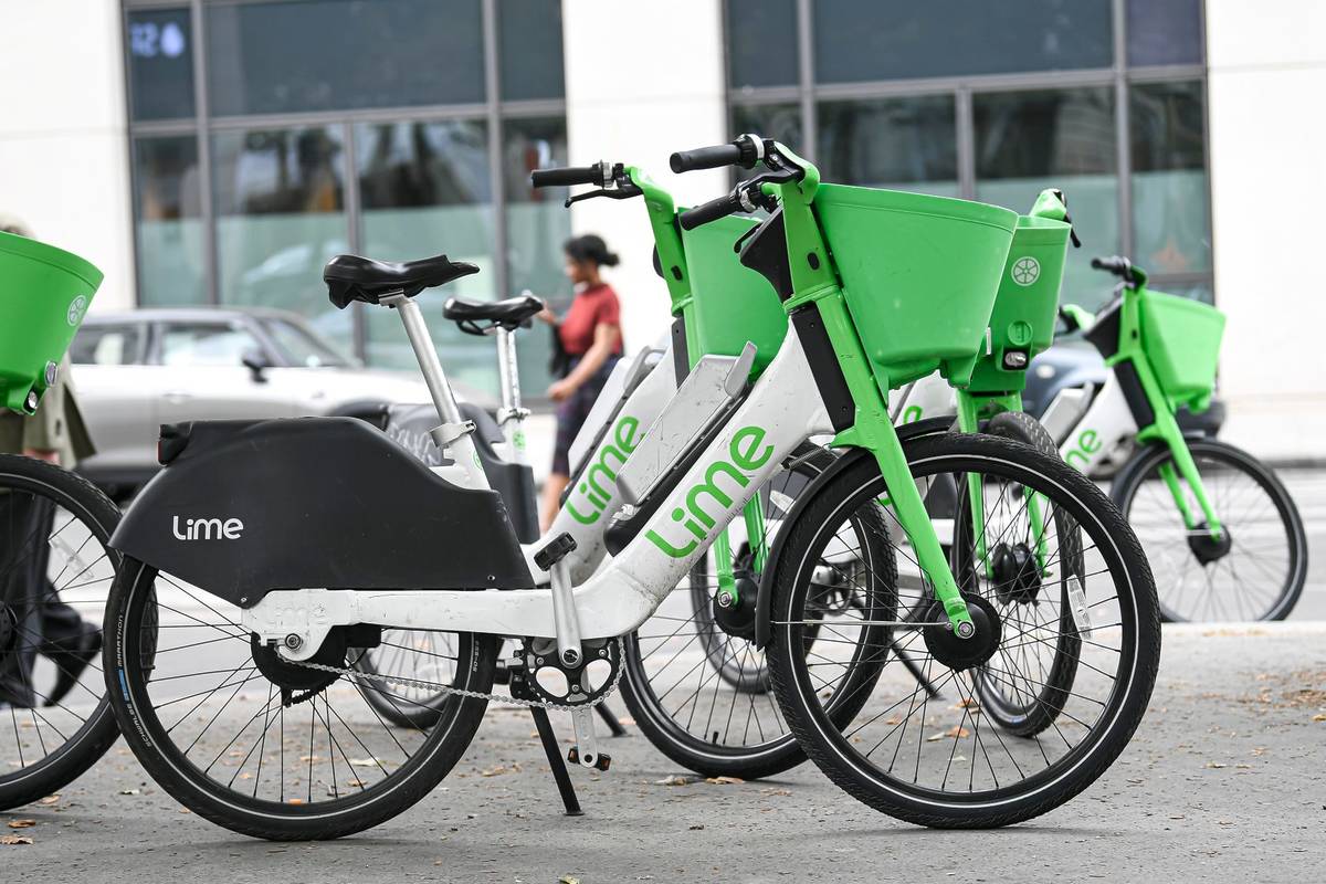 Self-service electric bicycles with the development of sustainable transport in megacities (here a bicycle or bike of the company "LIME" in the streets of Paris, France on April 24, 2023.