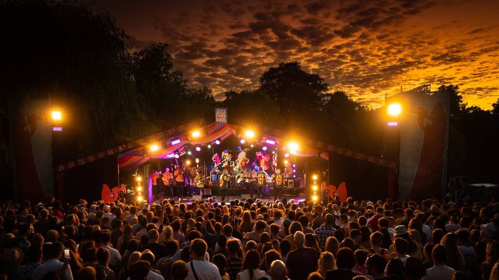 The Mostly Jazz Funk & Soul Festival with an illuminated stage.