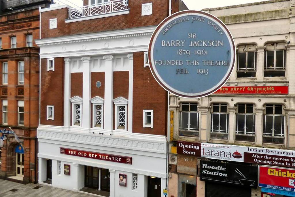 The Old Rep Theatre with a blue plaque in Birmingham.