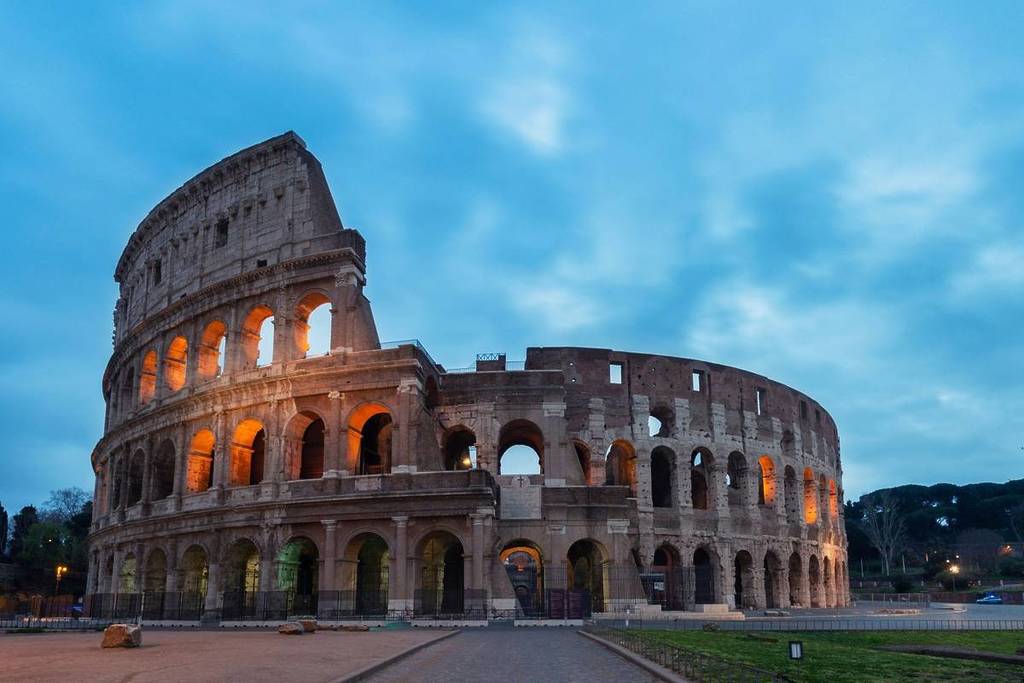 Colosseum in Rome during the morning blue hour with no people