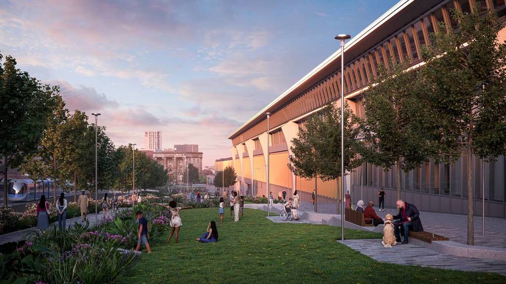 Visualisation showing the landscaped terraces that will run along the side of the new Curzon Street station