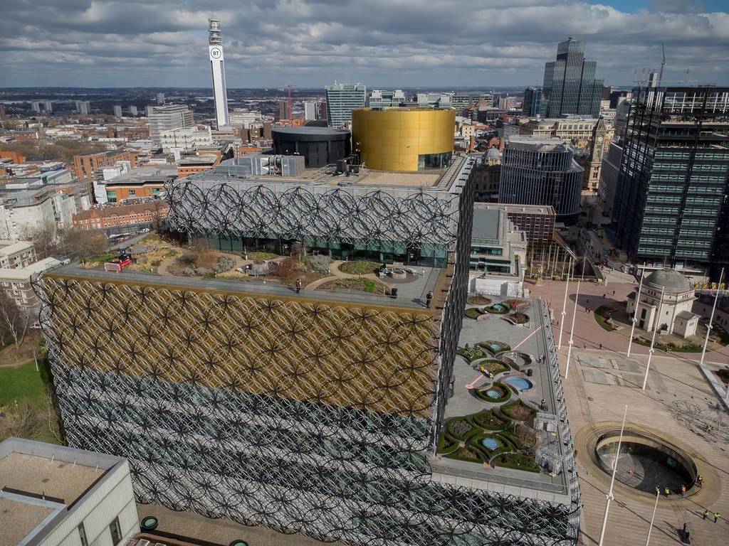 Birmingham UK city centre library aerial with BT tower