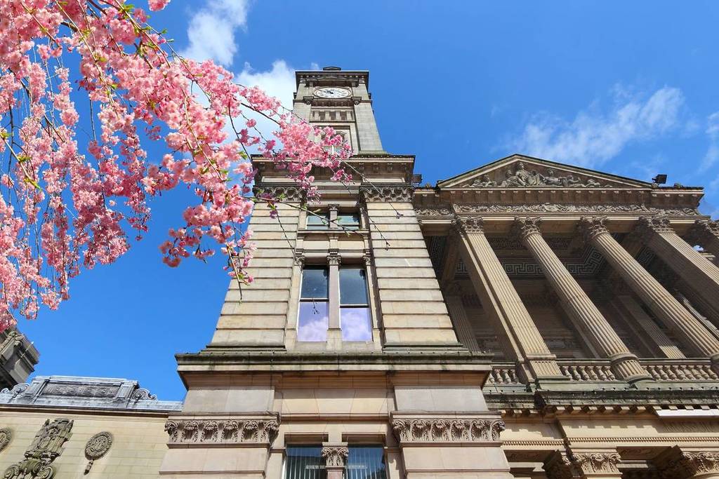 Birmingham city UK. West Midlands, England. Cherry blossoms spring view. UK spring time.