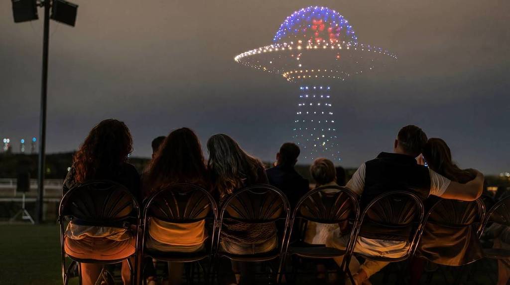 a row of people of chairs stare up at a drone image of a UFO at DroneArt Show Space Chase