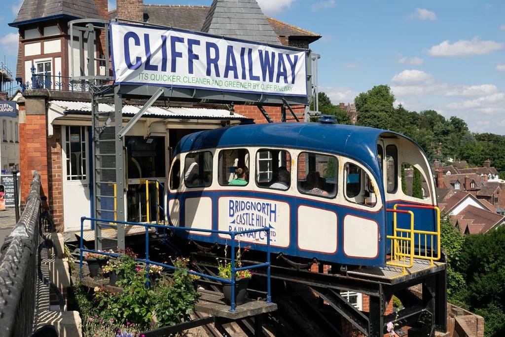 Bridgnorth, Shropshire, UK. August 8, 2022. Cliff Railway top station of funicular railway, Castle Hill.