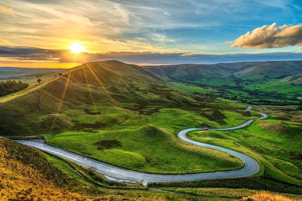 Serpentine Road at sunset in Peak District. England
