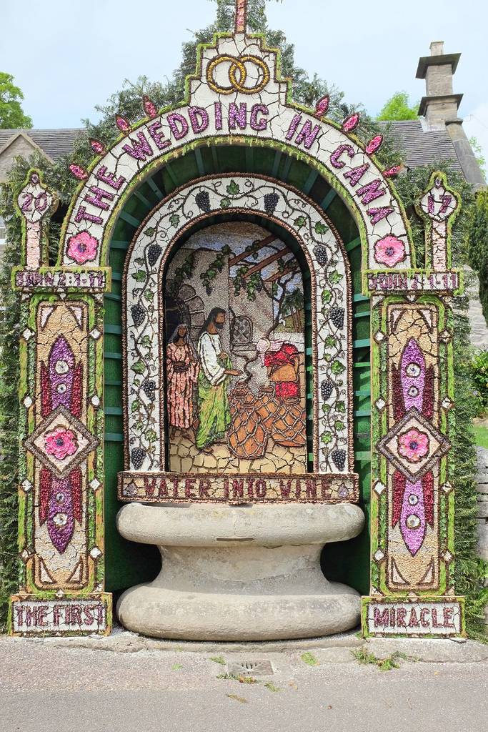 The Hands well dressing depicting Christ's first miracle of changing water into Wine at Tissington in Derbyshire