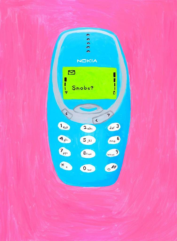 Joe Lycett painting of a Nokia 3310 with a text message reading: 'Snobs?'