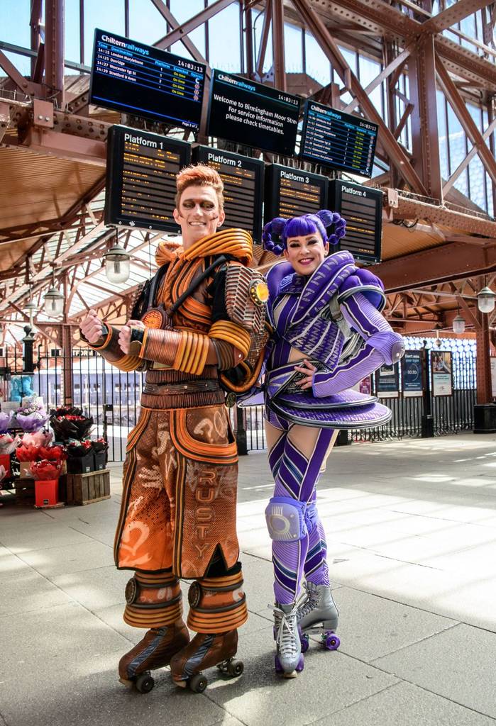 Scott Hayward (Rusty), Lucy Glover (Belle) from the London cast of Starlight Express at Birmingham Moor Street station. Photo by Simon Hadley