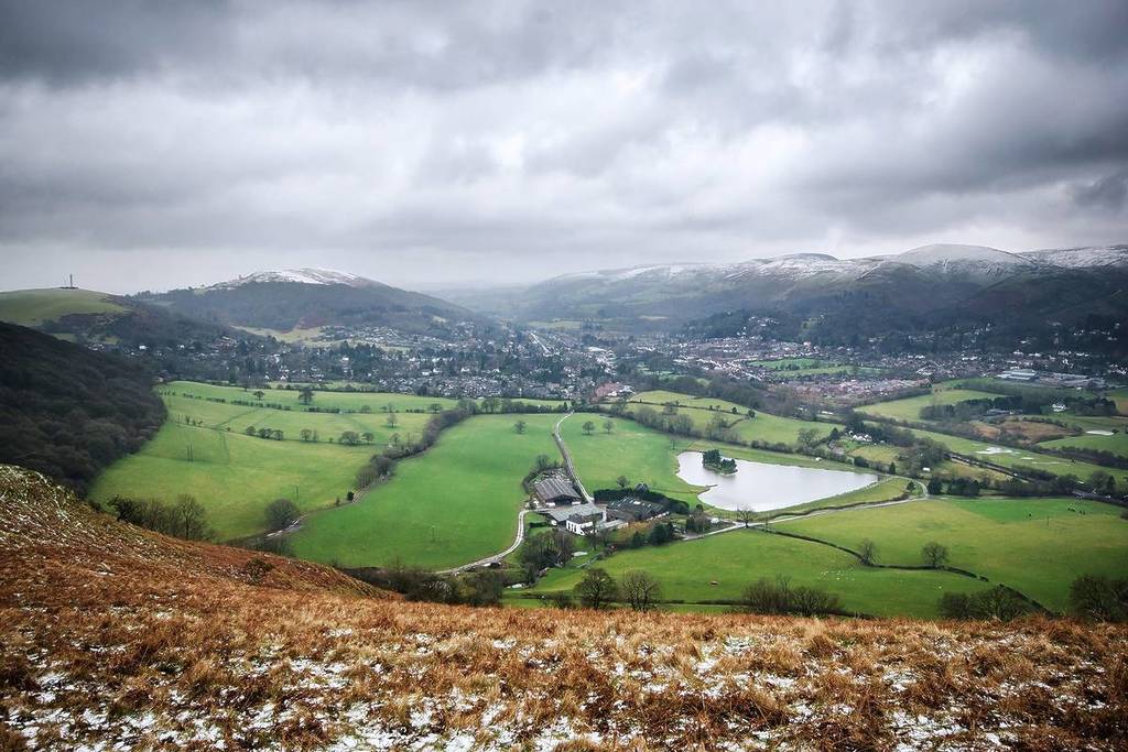 View from the hill Caer Caradoc, Shropshire in Winter, Looking down on the village Church Stretton.