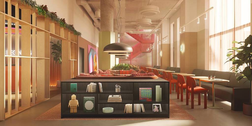 A render of one of the common areas at Vita Student in central Birmingham, a spacious hall with seating