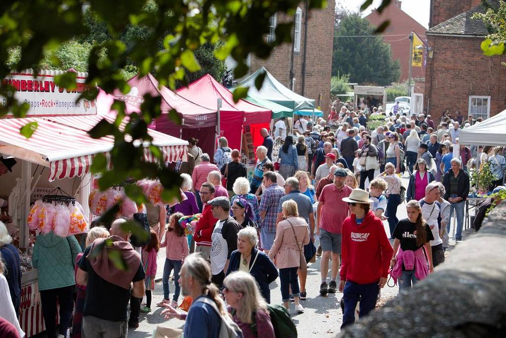 A crowd of market stalls at Pershore Plum Festival