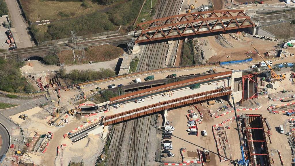 An aerial view of Aston Church Road bridges - old and new
