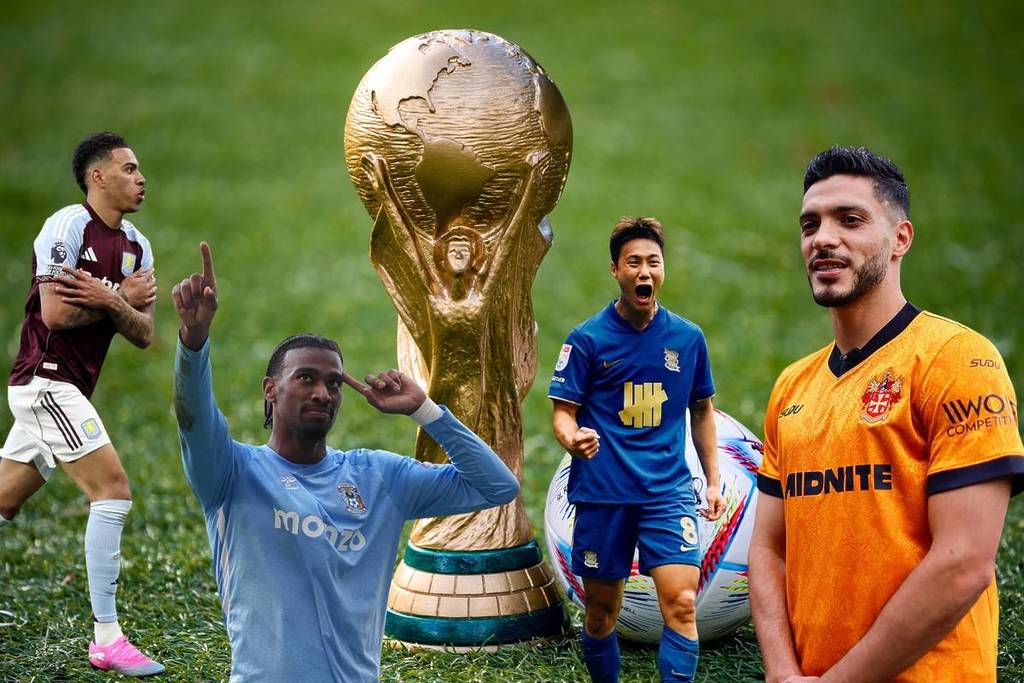 The World Cup trophy with players from Aston Villa, Coventry City, Birmingham City and Wolverhampton Wanderers surrounding it