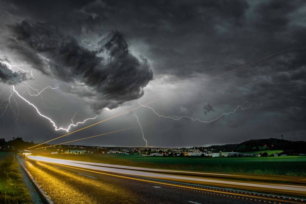 Lightning sparking up the sky during a severe thunderstorm in the UK.