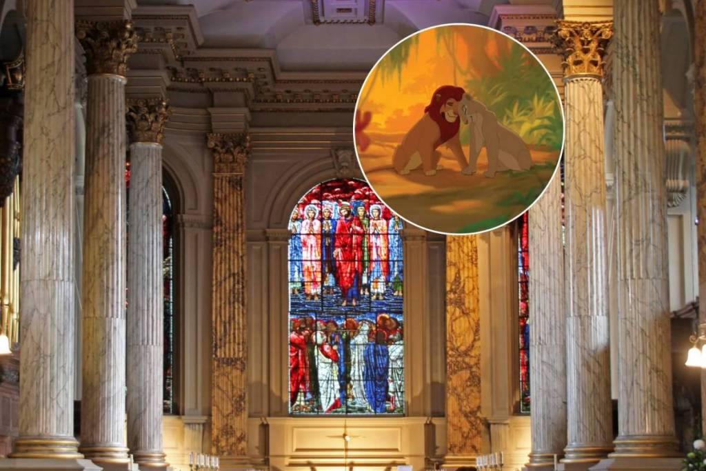 Stained glass windows and pillars inside Birmingham Cathedral plus an image of Nala and Simba from The Lion King in the jungle