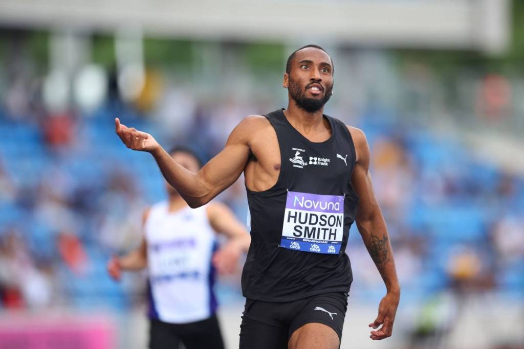 BIRMINGHAM, ENGLAND - JUNE 21: Matthew Hudson-Smith of Birchfield Harriers celebrates after winning the Men's 400 m Final during day two of the UK Athletics Championships at Alexander Stadium on June 21, 2026 in Birmingham, England. (Photo by Ed Sykes/Getty Images)