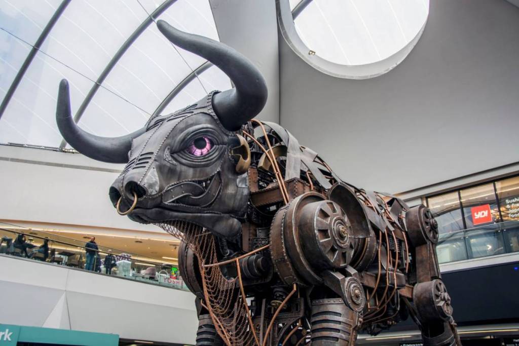 New Street Station Forecourt , East Mews , Birmingham , UK 05 Oct 2024 : Ozzy the mechanical Bull in the Birmingham New Street Station