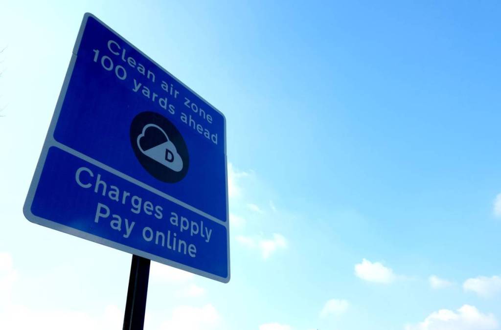 Clean Air Zone CAZ road sign in Birmingham, UK.