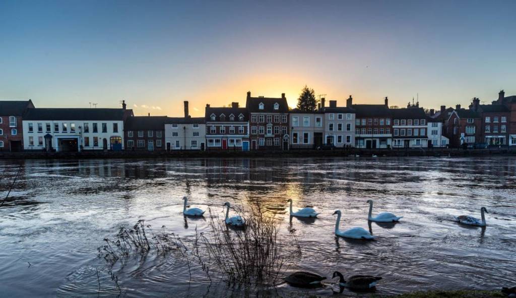 Bewdley Worcestershire at Sunset with Swans on the Flooded River