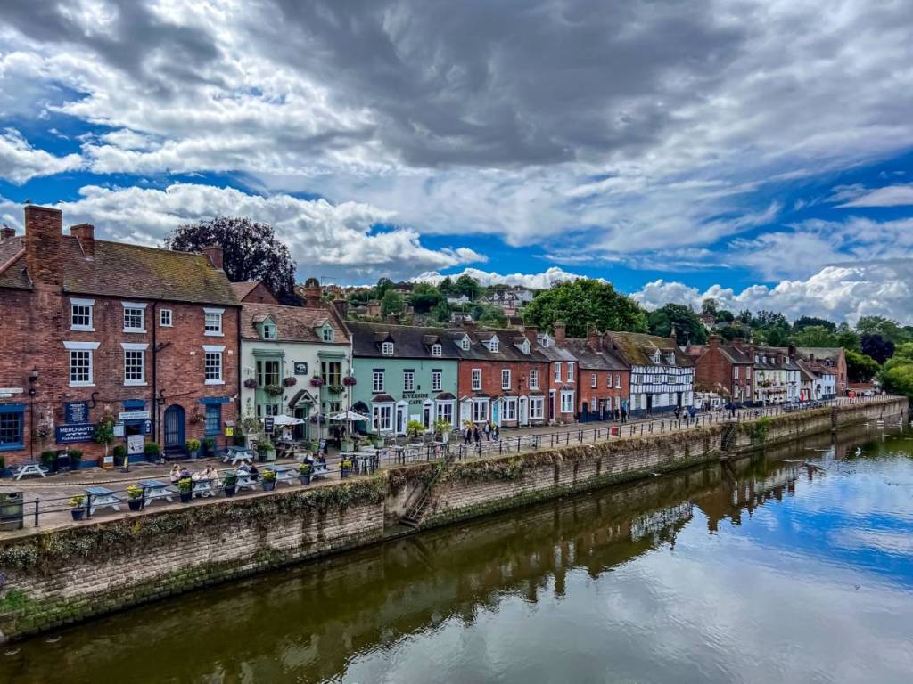 Bewdley, Worcestershire, England-July, 6, 2024: view of buildings on embankment of River Severn. Selective focus